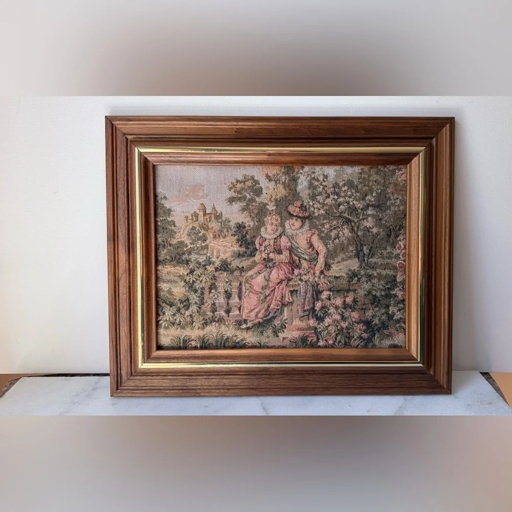 Vintage Tapestry Wall Art Pink & Green Countryside Scene wooden brass frame